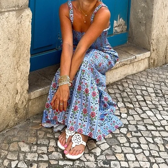 Hill House Anjuli Nap Smocked Cotton Midi Maxi Dress Blue Floral Block Stripe - Picture 6 of 10